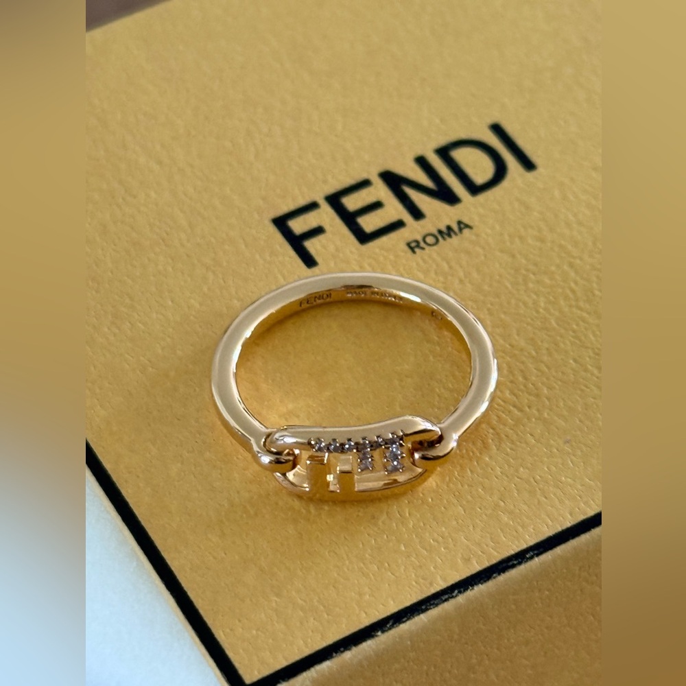 Fendi Gold-Tone Logo Pavé Ring - Gold New